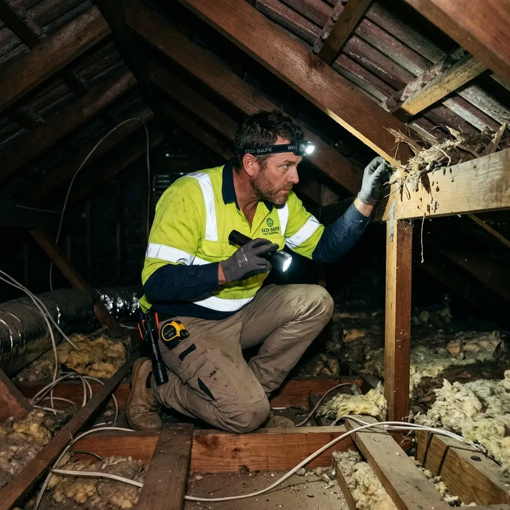 Technician inspecting a roof cavity for a dead animal in Templestowe